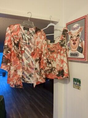 ❤️ ALEX EVENINGS 2Pc Floral Set 1X Tank Top & Sheer Over Blouse Sequins